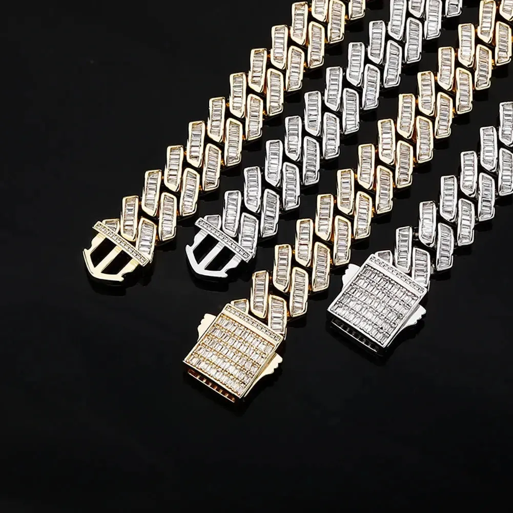 18mm Channel Set Baguette Cuban Chain in White Gold