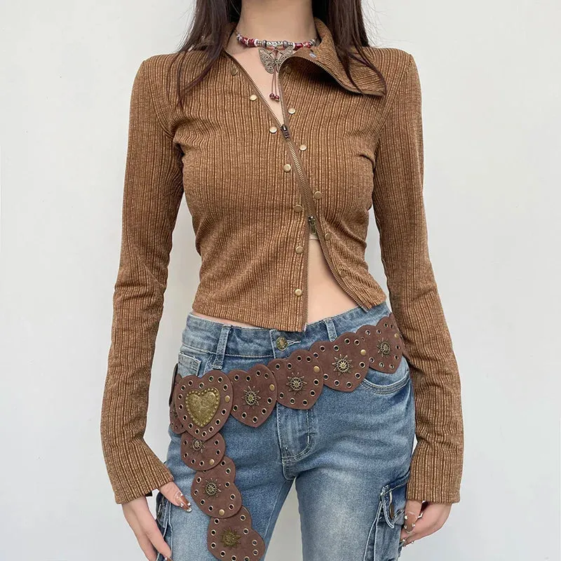 Asymmetrical Skinny Autumn T shirt Female Clothing Zipper Rivet Vintage Crop Top Jacket Fashion Chic Shirts Outwear