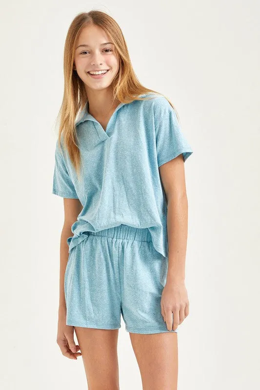 Baby Blue Collared Top and Shorts Matching Set