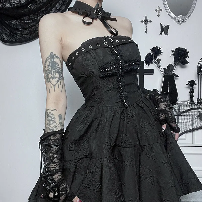 Black Gothic Punk Cross Jacquard Mesh Puffy Cake Dress And Choker Wholesale Dresses