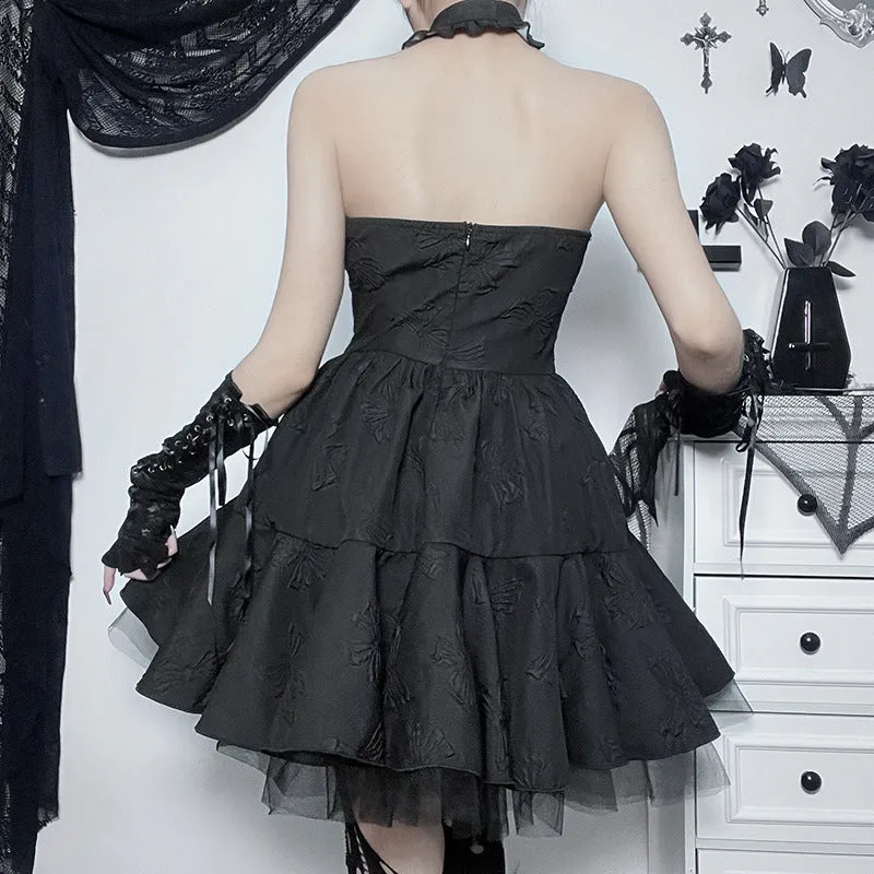 Black Gothic Punk Cross Jacquard Mesh Puffy Cake Dress And Choker Wholesale Dresses