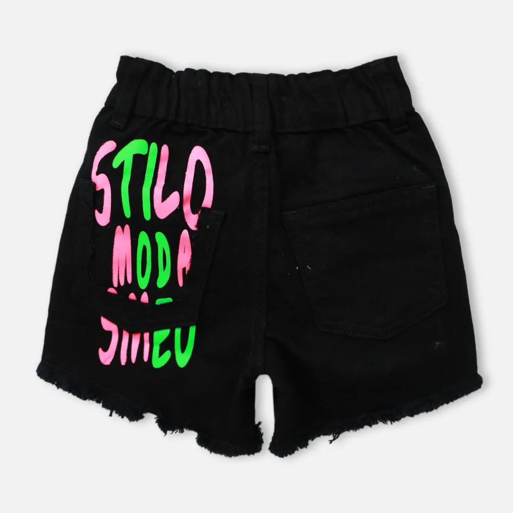 Black Painted Raw Hem Shorts