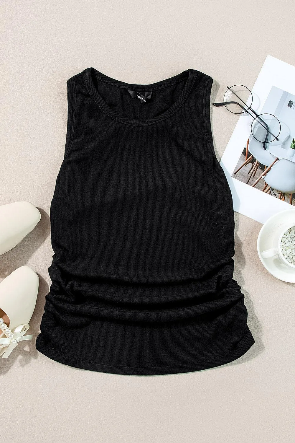 Black Plain Ruched Side Slim Tank Top for Women