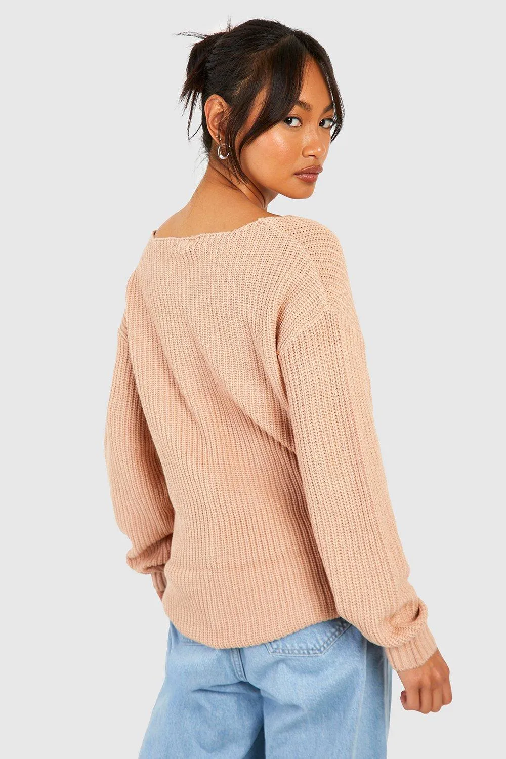 Boohoo Oversized V-Neck Sweater, Sand