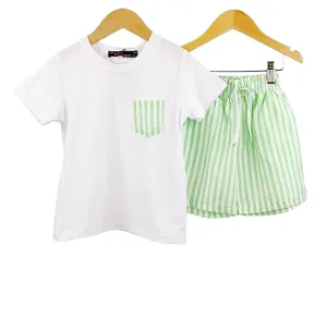 Boys - White & Green Stripe Shorts & T-Shirt Set