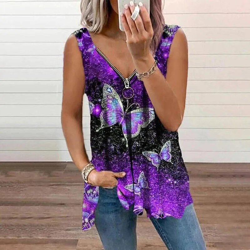 Butterfly zipper V-neck tank top T-shirt women's top