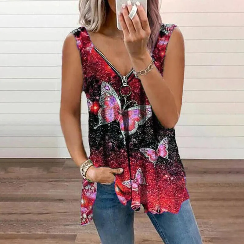 Butterfly zipper V-neck tank top T-shirt women's top