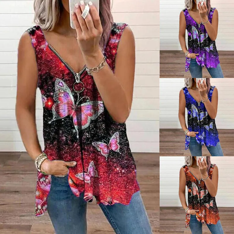 Butterfly zipper V-neck tank top T-shirt women's top