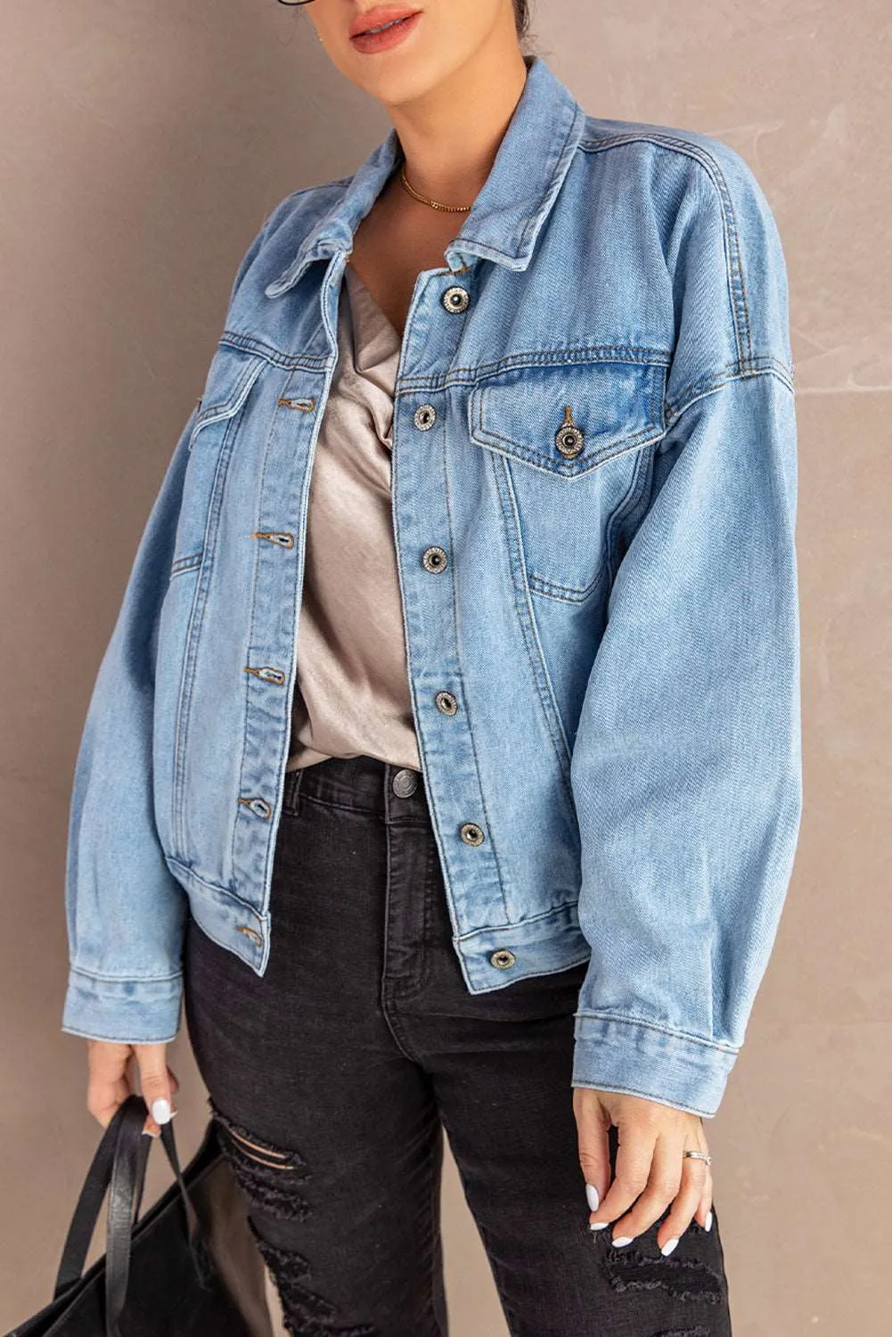 Button Down Dropped Shoulder Denim Jacket