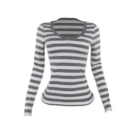 Casual Basic Gray Striped T Shirts for Woman 2000s Clothes Y2k Deep V Neck Long Sleeve Top Women Fall 2024 P66-BB16