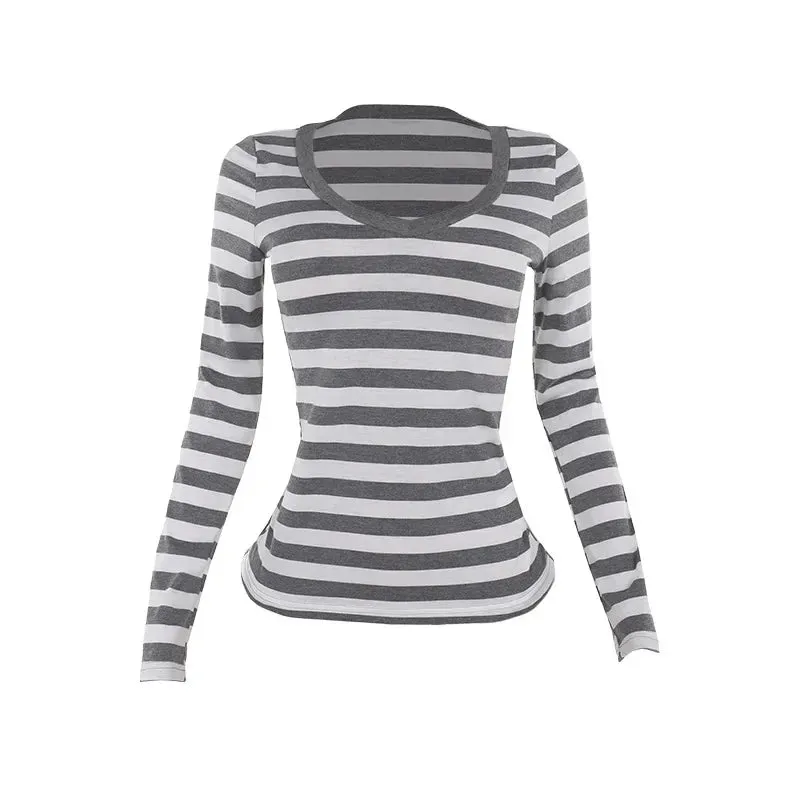 Casual Basic Gray Striped T Shirts for Woman 2000s Clothes Y2k Deep V Neck Long Sleeve Top Women Fall 2024 P66-BB16