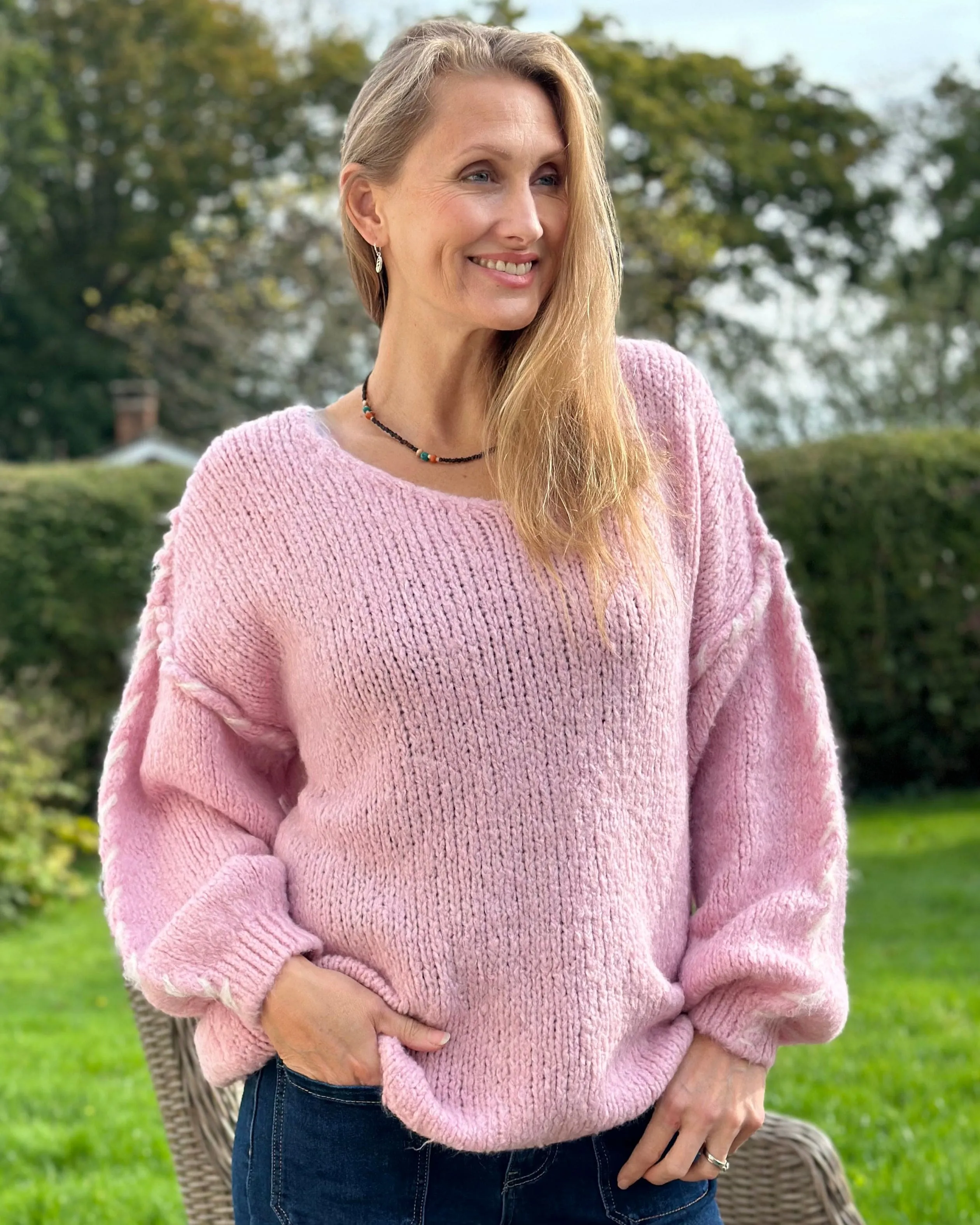 Chunky Knit Seam Detail Jumper - Pale Pink