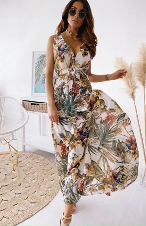 Deep V-Neck Sleeveless Printed Lace-Up Dress