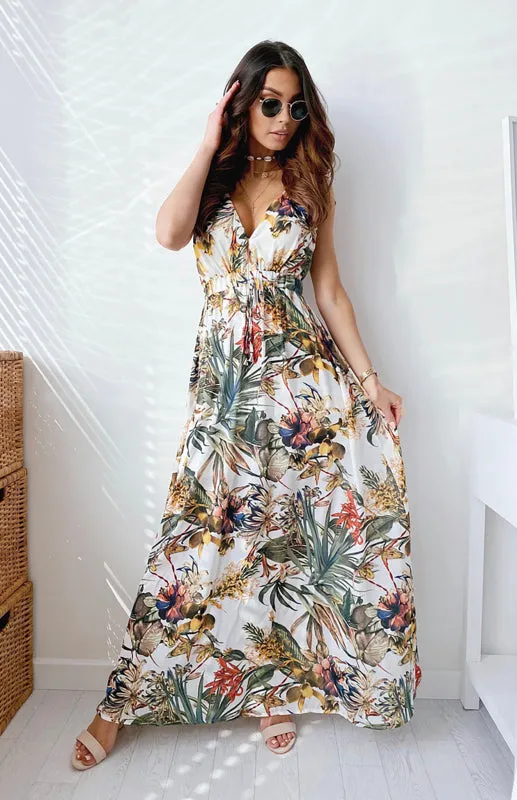 Deep V-Neck Sleeveless Printed Lace-Up Dress