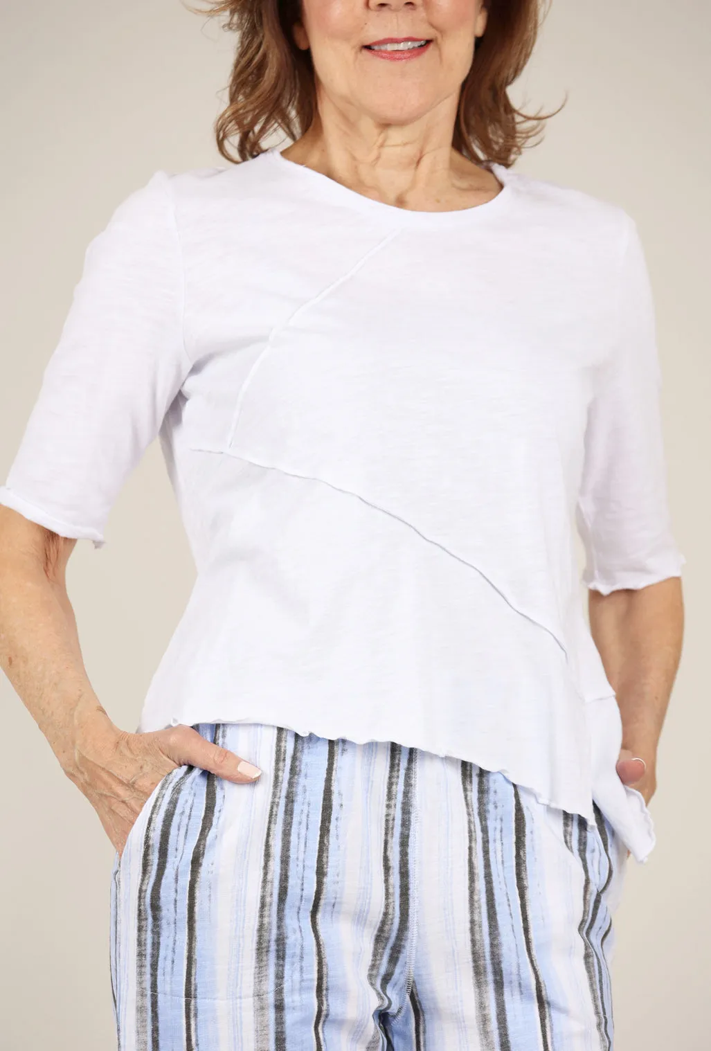 Elbow-Sleeve Pieced Top, White