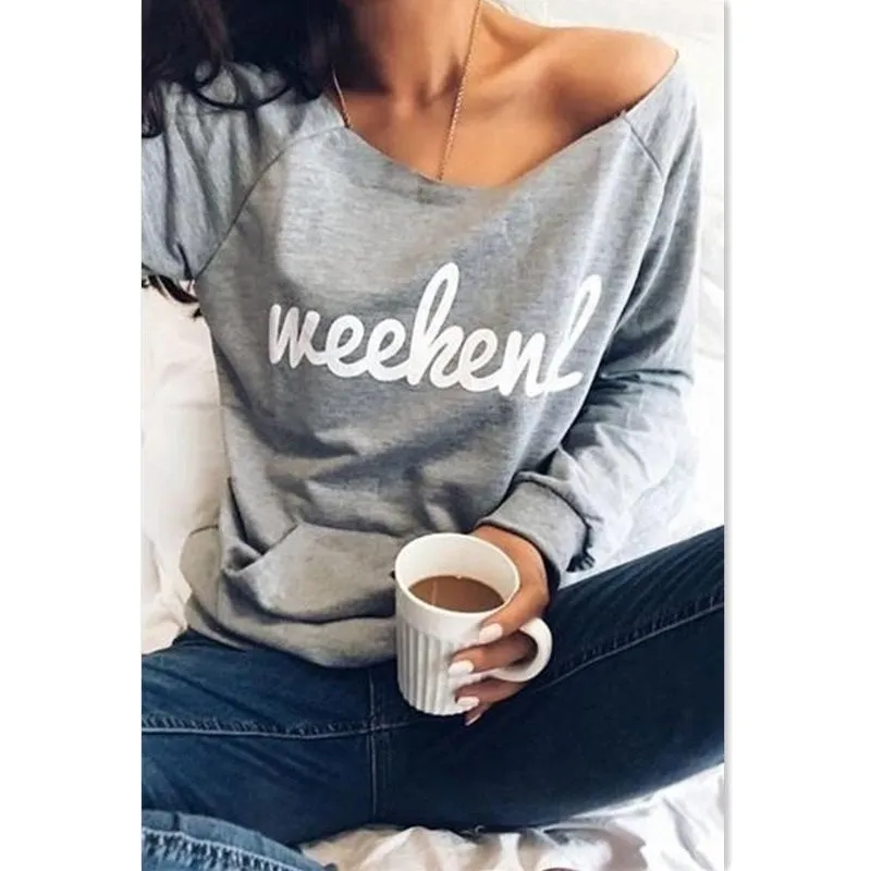 English alphabet print off-shoulder long-sleeved sweater