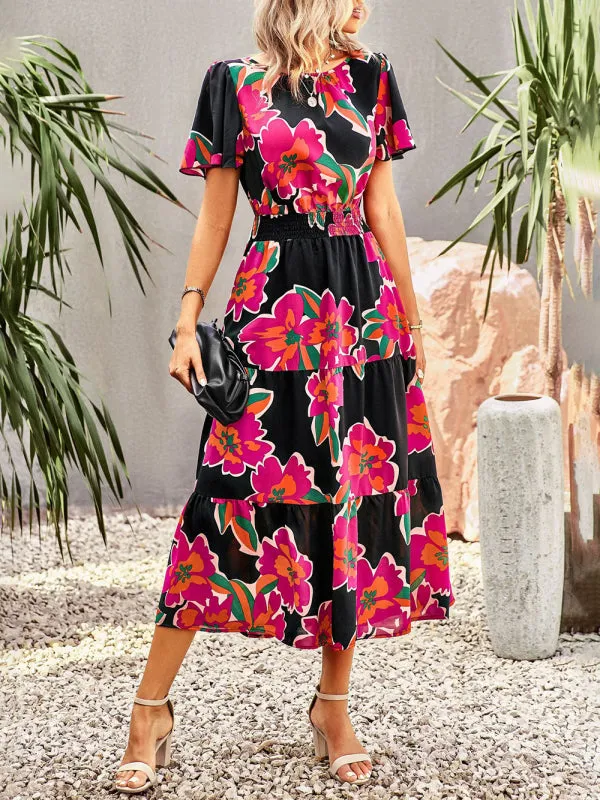 Floral Dress 2023 Summer Temperament Elegant Waist Short Sleeve Long Dress