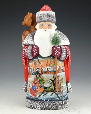 Frosted Red Scenic Russian Santa with Bear