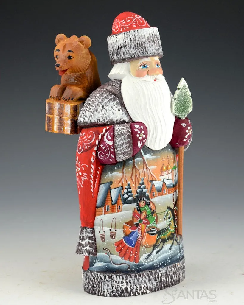 Frosted Red Scenic Russian Santa with Bear