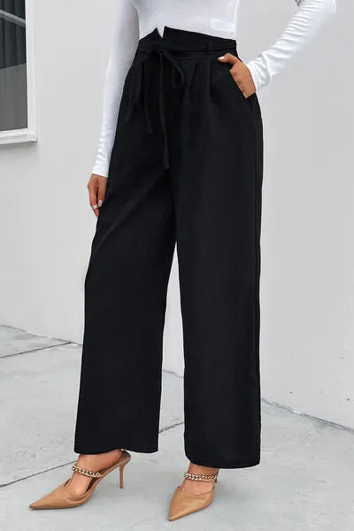 High Waist Ruched Tie Front Wide Leg Pants