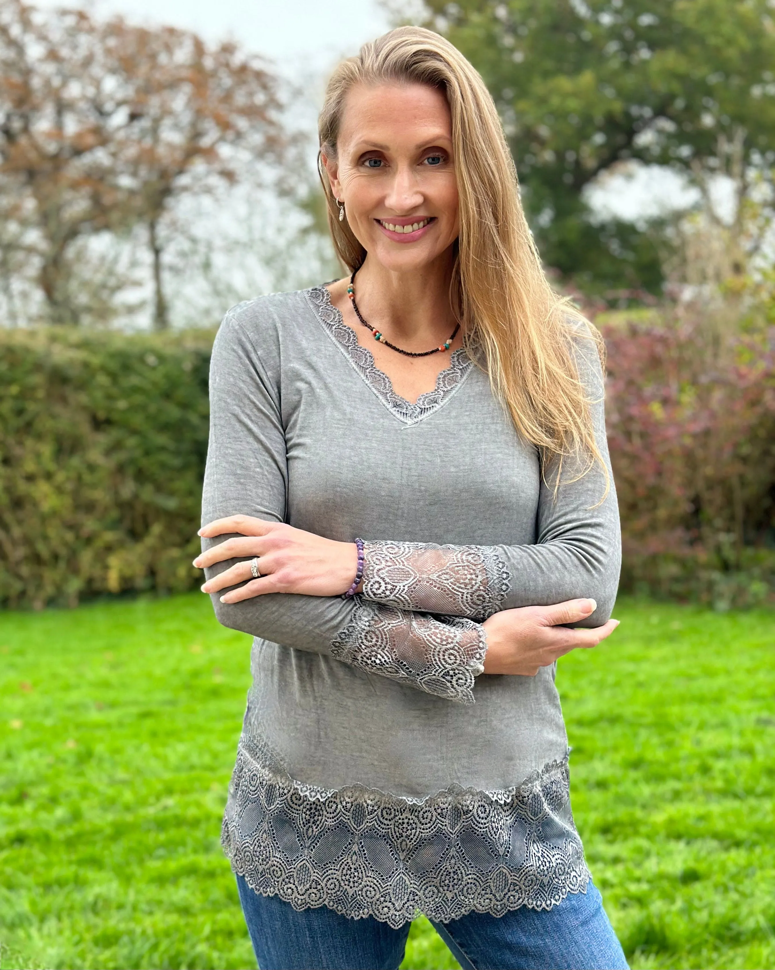 Lace Detail Long Sleeved Top - Grey