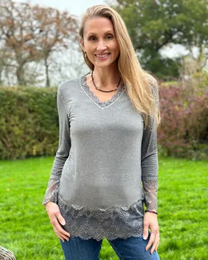 Lace Detail Long Sleeved Top - Grey