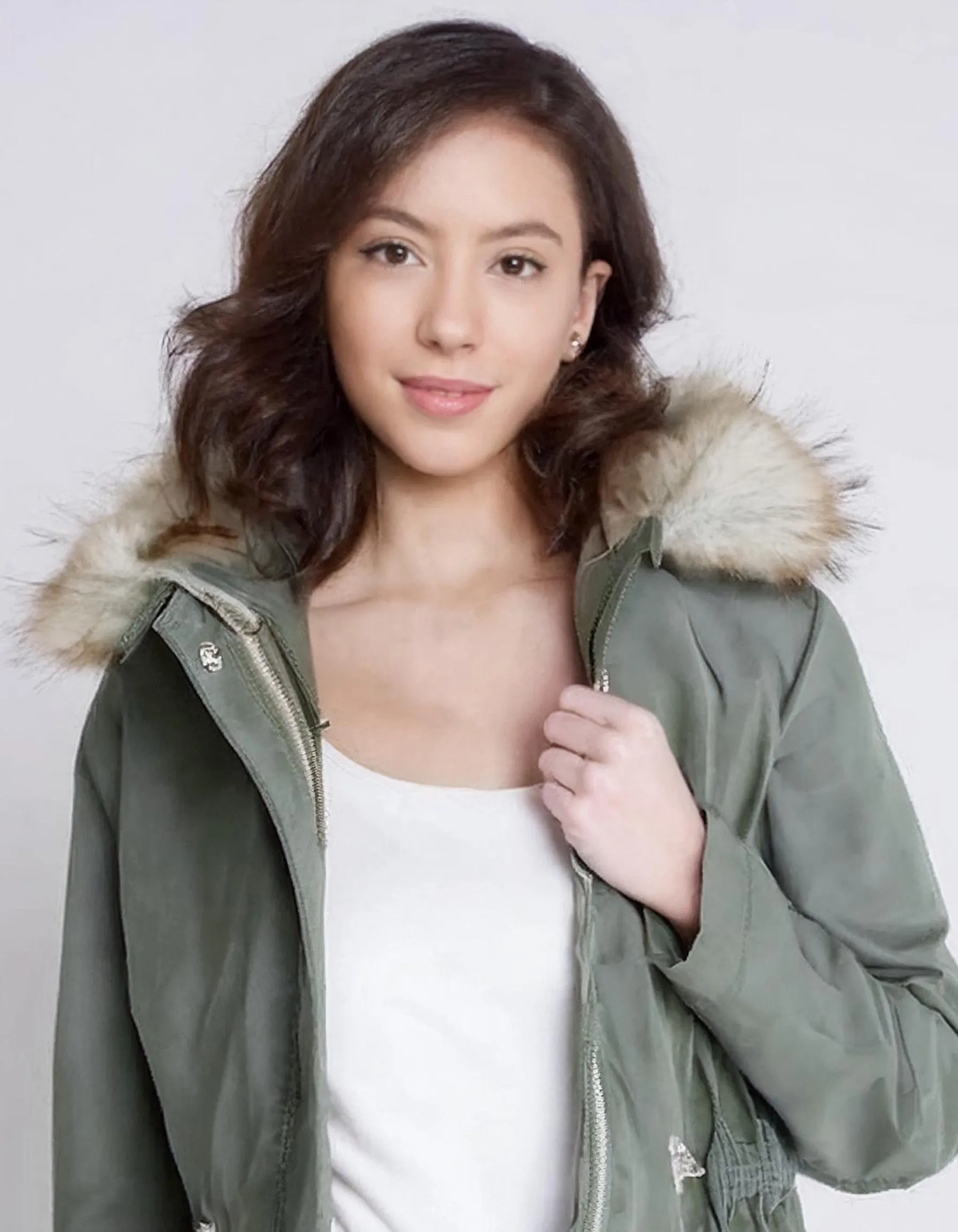 Light Olive Casual Parka with Faux Fur Hood