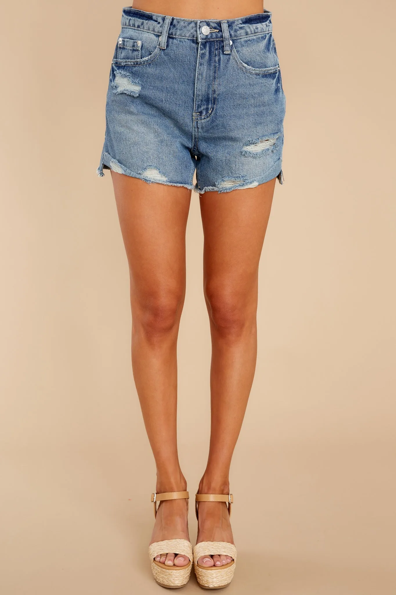 Live Again Medium Wash Distressed Denim Shorts