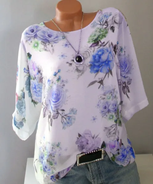 Loose printed large round neck half sleeve T-shirt