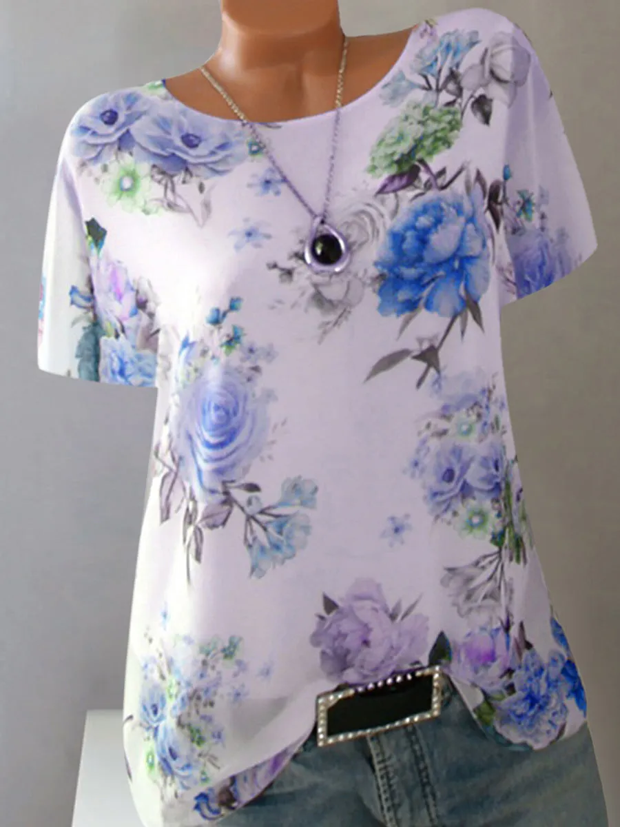 Loose printed large round neck half sleeve T-shirt