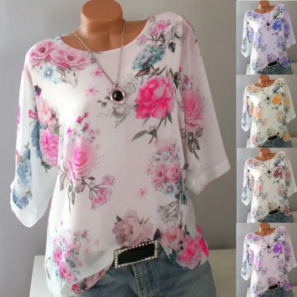 Loose printed large round neck half sleeve T-shirt