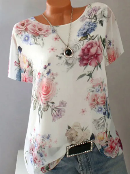 Loose printed large round neck half sleeve T-shirt