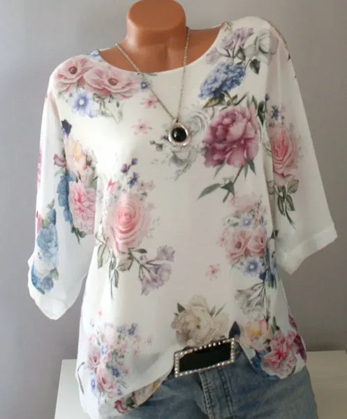 Loose printed large round neck half sleeve T-shirt