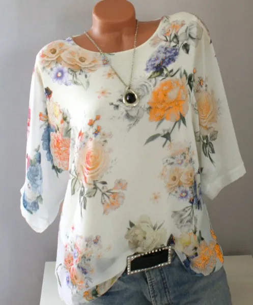 Loose printed large round neck half sleeve T-shirt