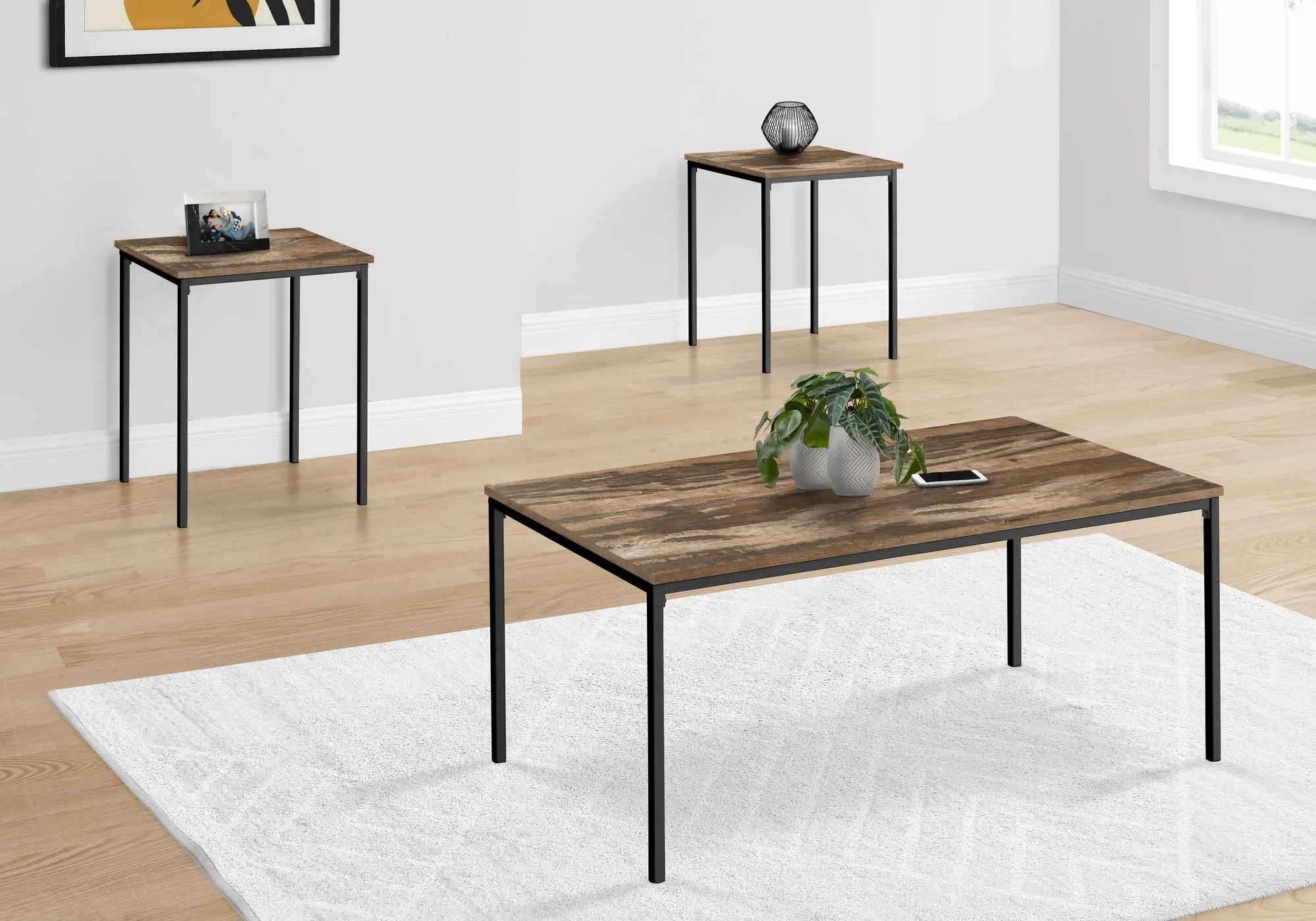 Modern 3pcs Coffee & End Table Set, Black Metal Frame, Brown Reclaimed Laminate