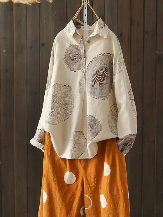 Ramie Cotton Loose Annual Ring Pattern Shirt Tops