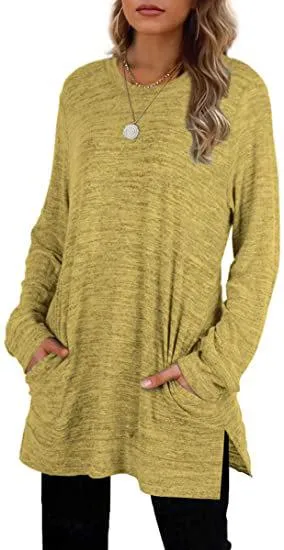 Round neck long sleeve pocket loose mid-length split sweater