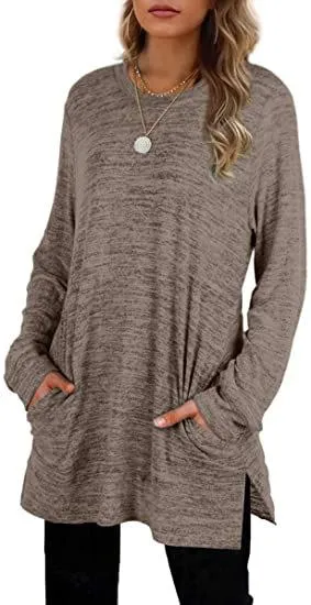 Round neck long sleeve pocket loose mid-length split sweater