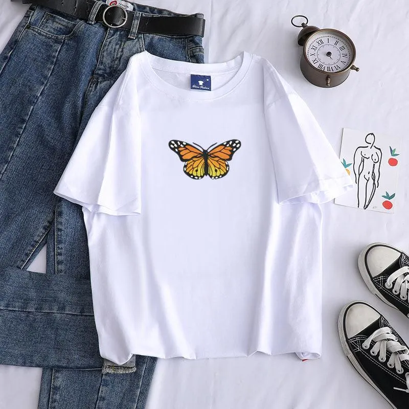 Short sleeve cotton butterfly print crew neck pullover casual