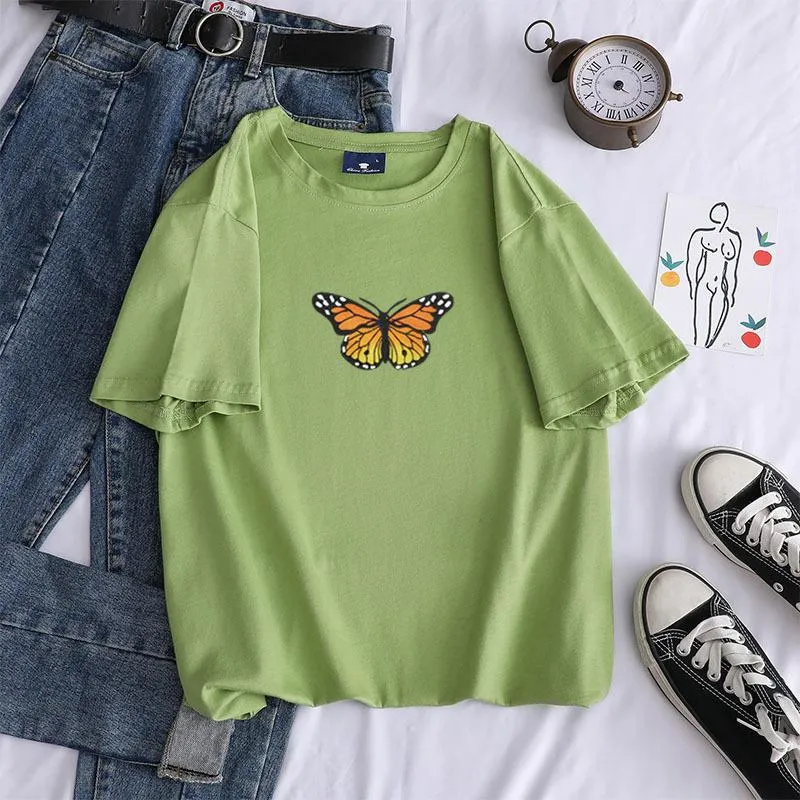 Short sleeve cotton butterfly print crew neck pullover casual