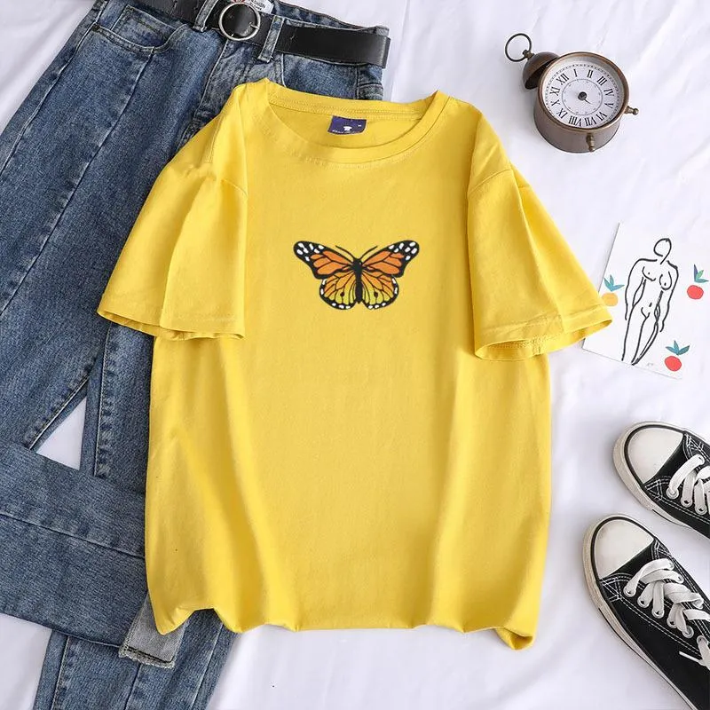 Short sleeve cotton butterfly print crew neck pullover casual