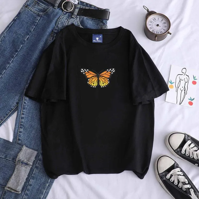 Short sleeve cotton butterfly print crew neck pullover casual