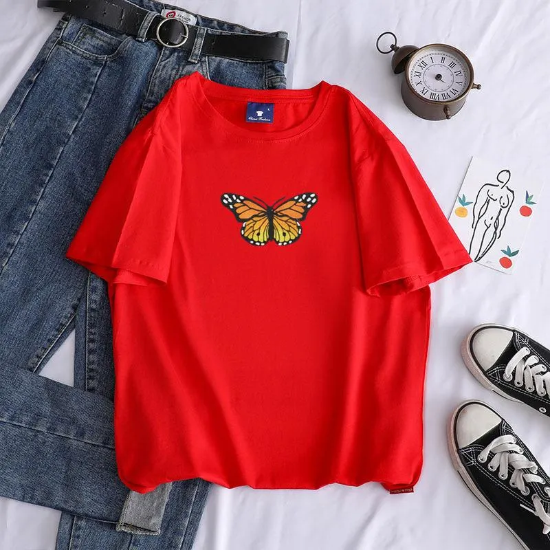 Short sleeve cotton butterfly print crew neck pullover casual