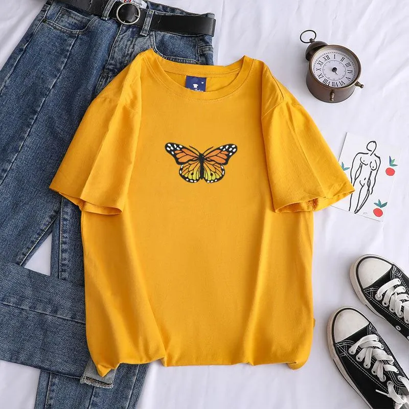 Short sleeve cotton butterfly print crew neck pullover casual