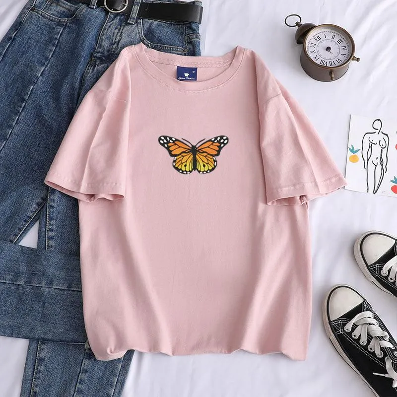 Short sleeve cotton butterfly print crew neck pullover casual