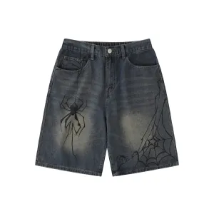 Spider Print Denim Shorts