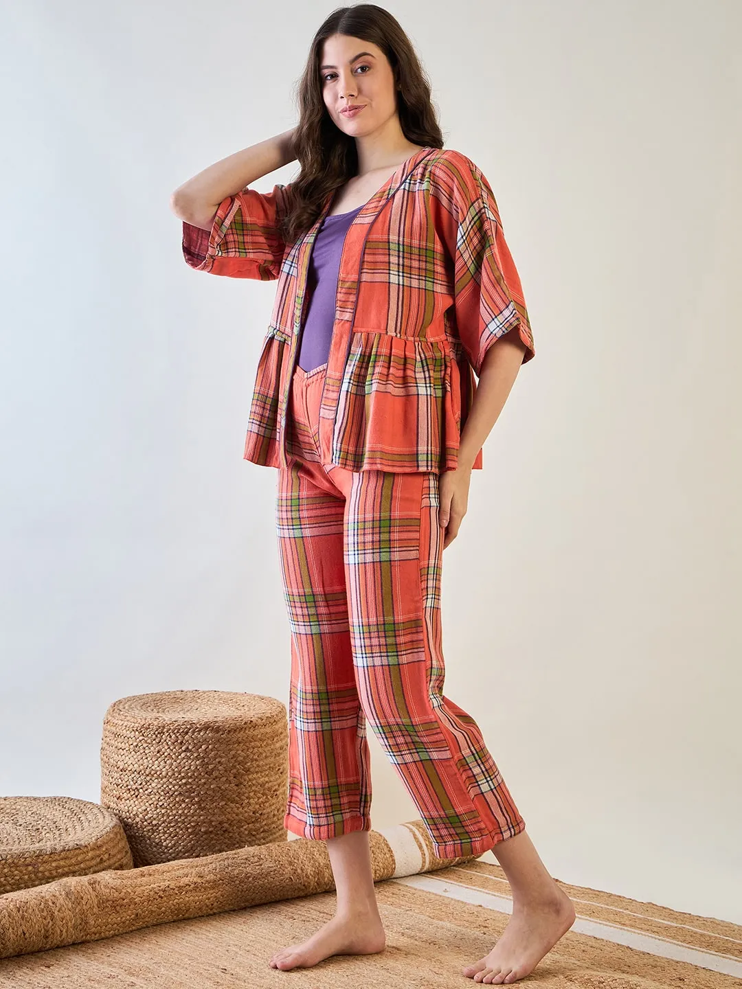 Stylish Cotton 3 Piece Kaftan and Pyjama Set