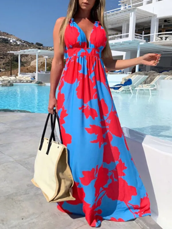 Summer bohemian print V-neck strapless sleeveless dress