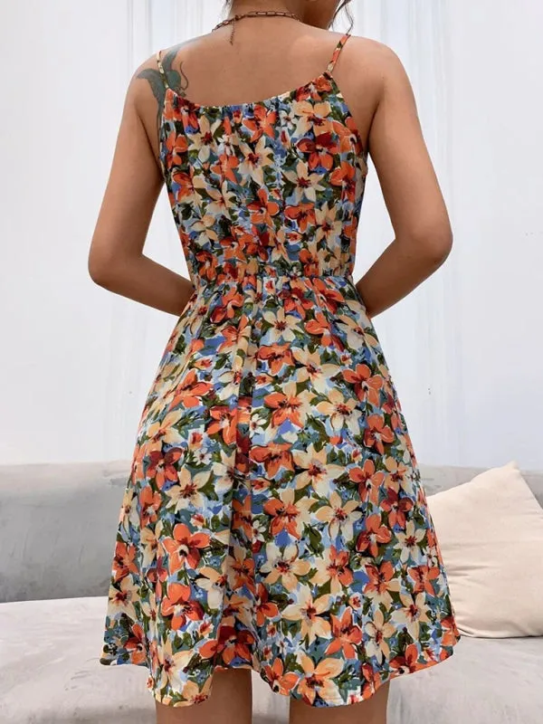 Summer New Elegant Sleeveless Dress Pullover Print Elastic Waist Suspender Skirt