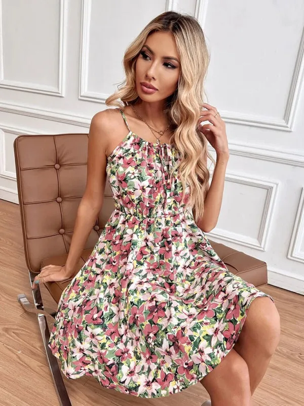 Summer New Elegant Sleeveless Dress Pullover Print Elastic Waist Suspender Skirt